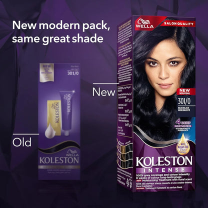 Wella Koleston Intense Hair Color Cream 301/0 Blue Black – 100% Grey Coverage, Argan Oil Infused, Long-Lasting Color for 8 Weeks – Salon Quality Permanent Hair Dye – 1 Tube - Damoo
