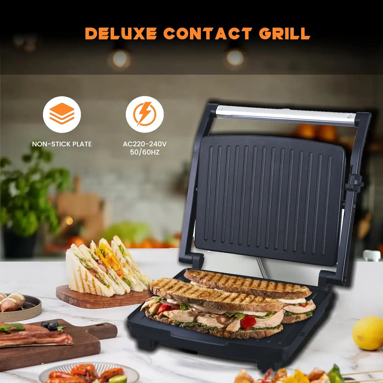 Sonashi 4 Slice Contact Grill Maker – 2000W Electric Grill with Adjustable Temperature, Non-Stick Plates, Drip Tray, Cool-Touch Handle & Stainless Steel Top Cover – Ideal for Sandwiches, Paninis, Meats & More SGT-854 - Damoo
