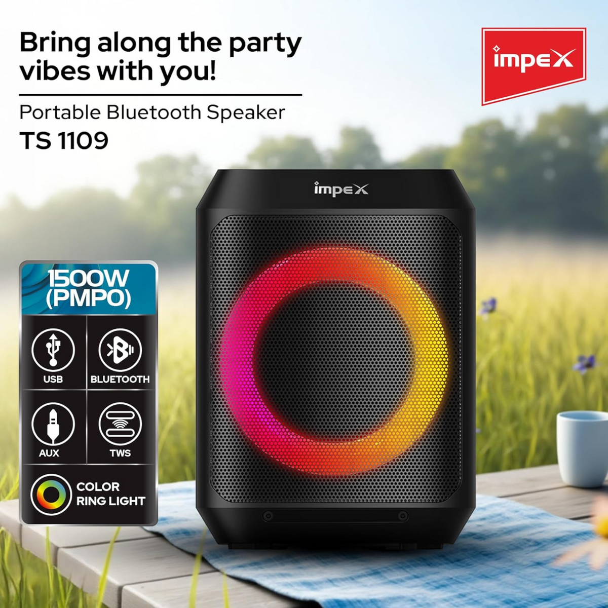 Impex TS 1109 Multimedia Portable Speaker with Wireless Mic | Powerful Bass, Bluetooth Connectivity, RGB LED Lights & Rechargeable Battery | Karaoke, Party & Outdoor Sound System