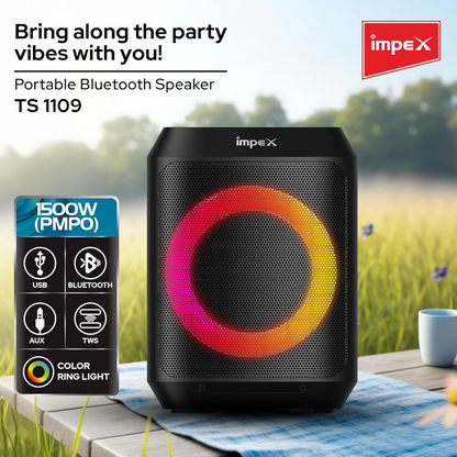 Impex TS 1109 Multimedia Portable Speaker with Wireless Mic | Powerful Bass, Bluetooth Connectivity, RGB LED Lights & Rechargeable Battery | Karaoke, Party & Outdoor Sound System