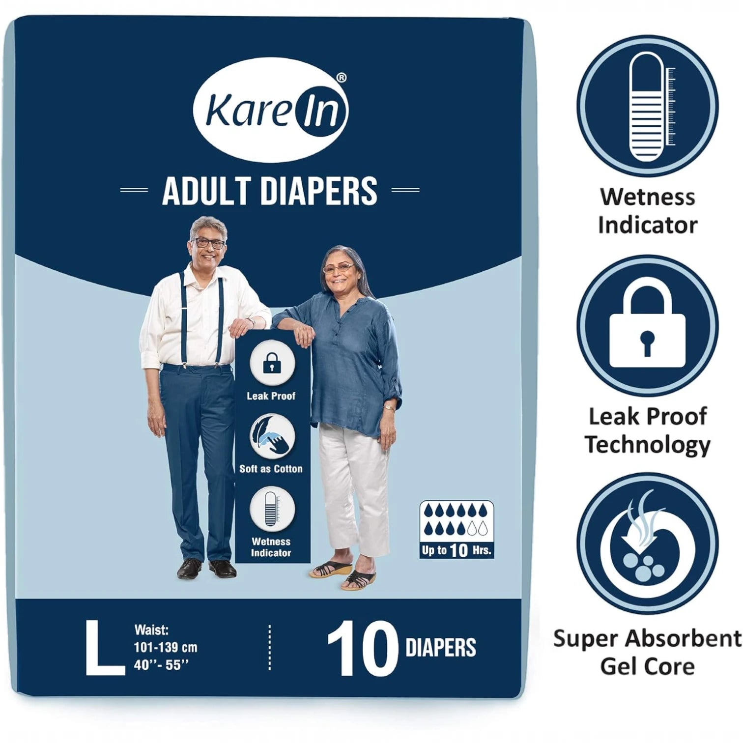 KareIn Premium Adult Diapers Large – 10 Count | Tape Style, Unisex | 12-Hour Protection, Leak-Proof, Wetness Indicator & Odour Control - Damoo