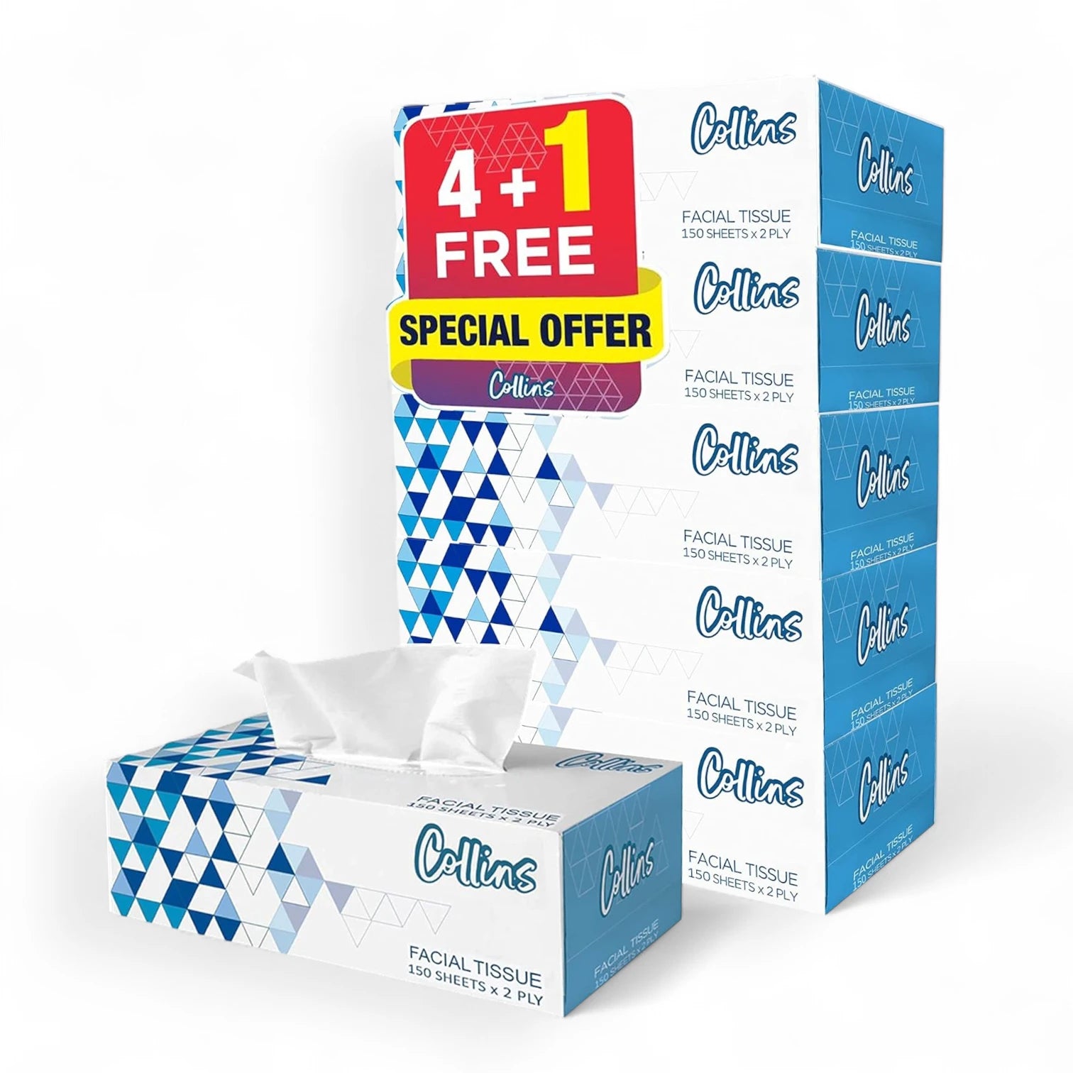 COLLINS Facial Tissue Box 150 Sheets X 2-Ply – [4 + 1] Value Pack, Soft & Gentle Tissues for Home, Office & On-the-Go - Damoo