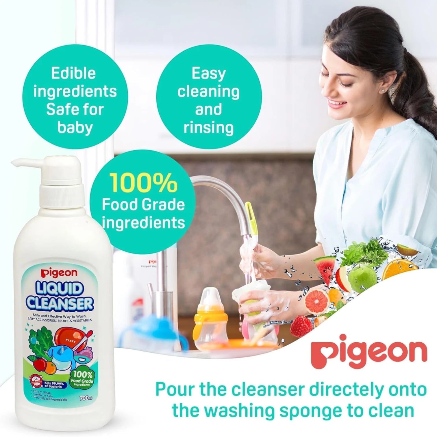 Pigeon Liquid Cleanser 700ml – Kills 99.99% Bacteria | Safe for Baby Bottles, Toys, Fruits & Vegetables - Damoo
