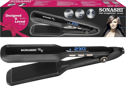 Sonashi Hair Straightener with Ceramic Coated Plates – Digital Blue LED Display, Adjustable Temperature up to 230°C, PTC Heating, Auto Shut-Off, 360° Swivel Cord – Sleek Black Design, 55W - SHS-2081 - Damoo