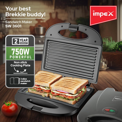 Impex SW 3601 Sandwich Maker | 2-Slice Grill | 750W Powerful Heating | Non-Stick Coated Plates | Indicator Light | Cool Touch Handle | Skid-Resistant Feet | Compact Breakfast Sandwich Toaster - Damoo