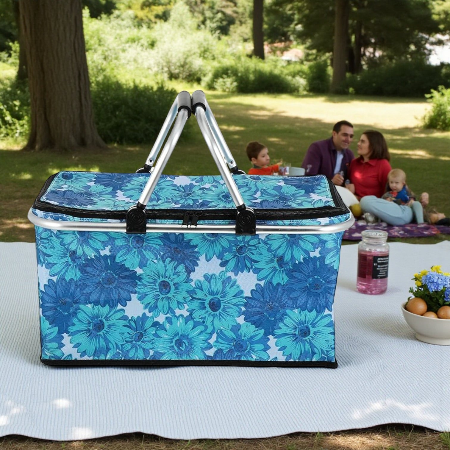 Insulated Picnic Basket with Aluminum Handle – Large Foldable Food Storage Tote Bag for Camping, Picnic, and Grocery – W27 x H24 x L47 cm - Damoo