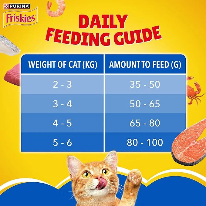 FRISKIES Seafood Sensations Adult Cat Dry Food – Tuna, Salmon, Whitefish, Crab & Shrimp Flavours | 1kg Packet | No Artificial Colours or Preservatives - Damoo
