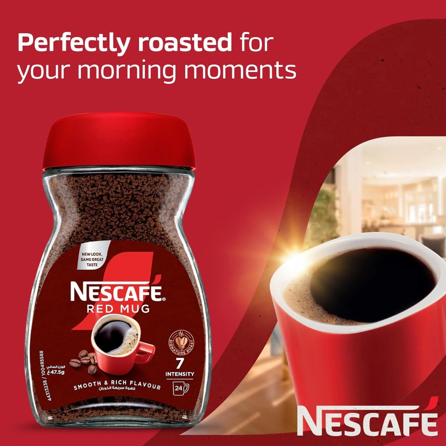 Nescafé Red Mug Instant Coffee Jar 47.5g – Signature Roast Blend | 24 Cups | Smooth & Rich Flavor | Robusta & Arabica Beans | Medium Roast | Caffeinated - Damoo