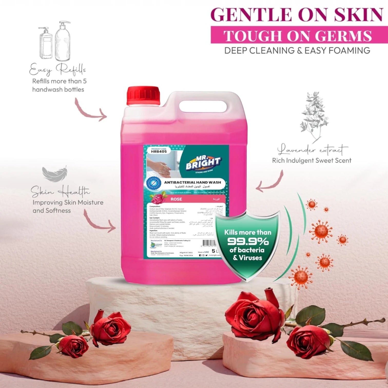 Mr. Bright Antibacterial Hand Wash Refill – Rose Scent – 5L – Skin-Softening, Moisturizing Liquid Soap That Kills 99.9% of Germs - Damoo