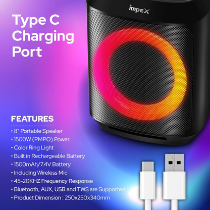 Impex TS 1109 Multimedia Portable Speaker with Wireless Mic | Powerful Bass, Bluetooth Connectivity, RGB LED Lights & Rechargeable Battery | Karaoke, Party & Outdoor Sound System