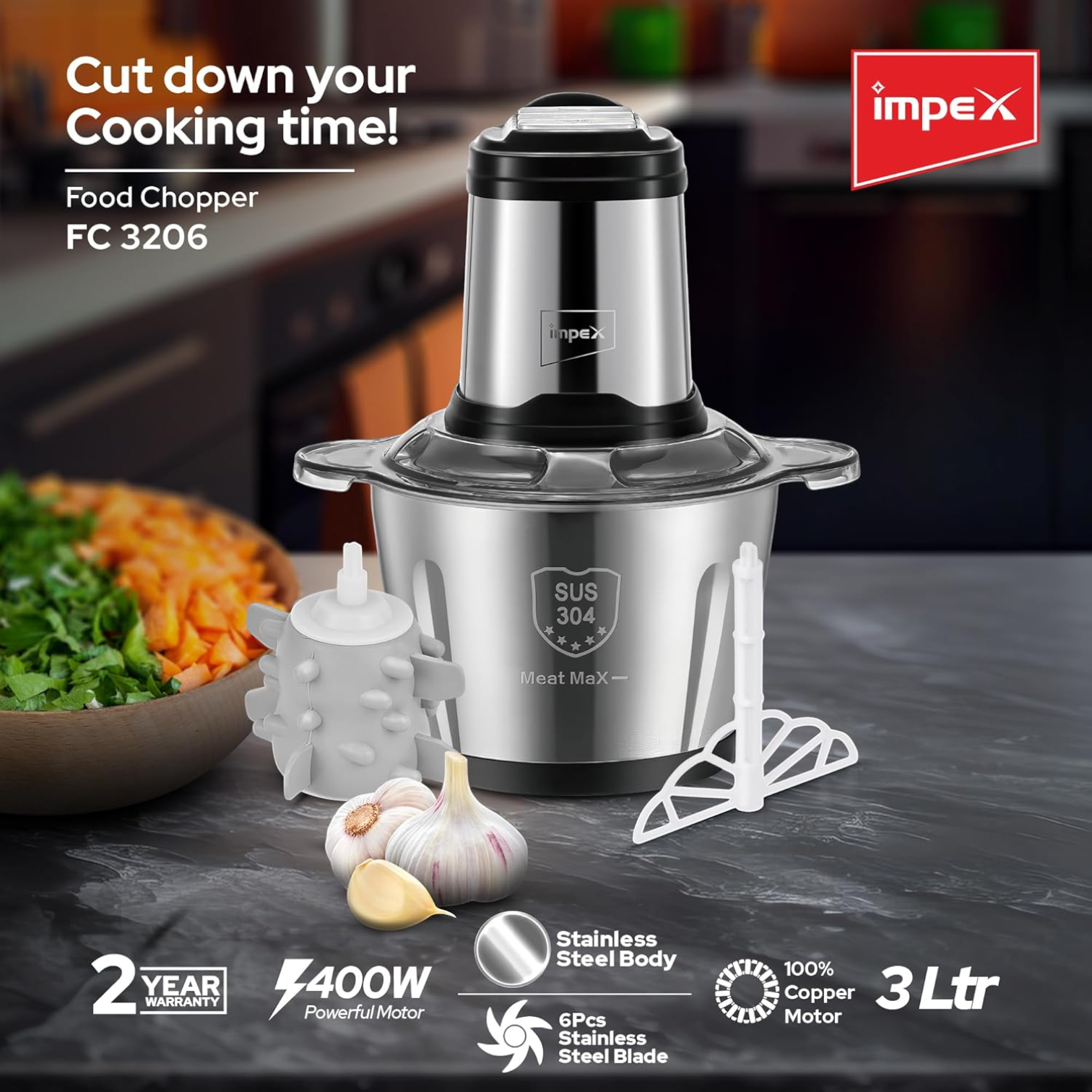 Impex FC 3206 Electric Food Chopper 3L | 400W Multi-Purpose Chopper with 6 Stainless Steel Blades | 3-Speed Adjustable Meat Grinder & Food Processor | Durable SUS 304 Steel Bowl