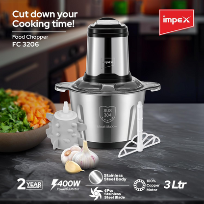 Impex FC 3206 Electric Food Chopper 3L | 400W Multi-Purpose Chopper with 6 Stainless Steel Blades | 3-Speed Adjustable Meat Grinder & Food Processor | Durable SUS 304 Steel Bowl