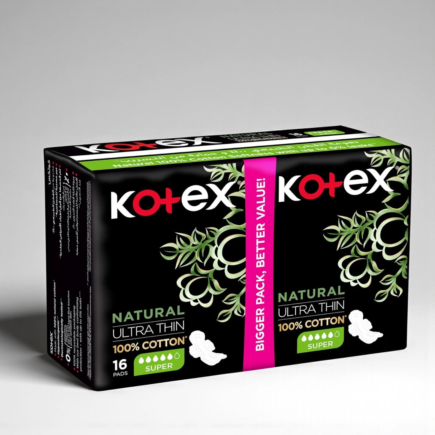 Kotex Natural Ultra Thin Sanitary Pads – Super Size, 100% Cotton, Hypoallergenic with Wings, 16 Count | Gentle & Leak-Proof Feminine Protection - Damoo