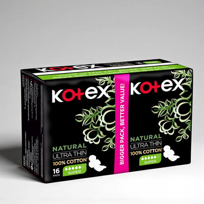 Kotex Natural Ultra Thin Sanitary Pads – Super Size, 100% Cotton, Hypoallergenic with Wings, 16 Count | Gentle & Leak-Proof Feminine Protection - Damoo