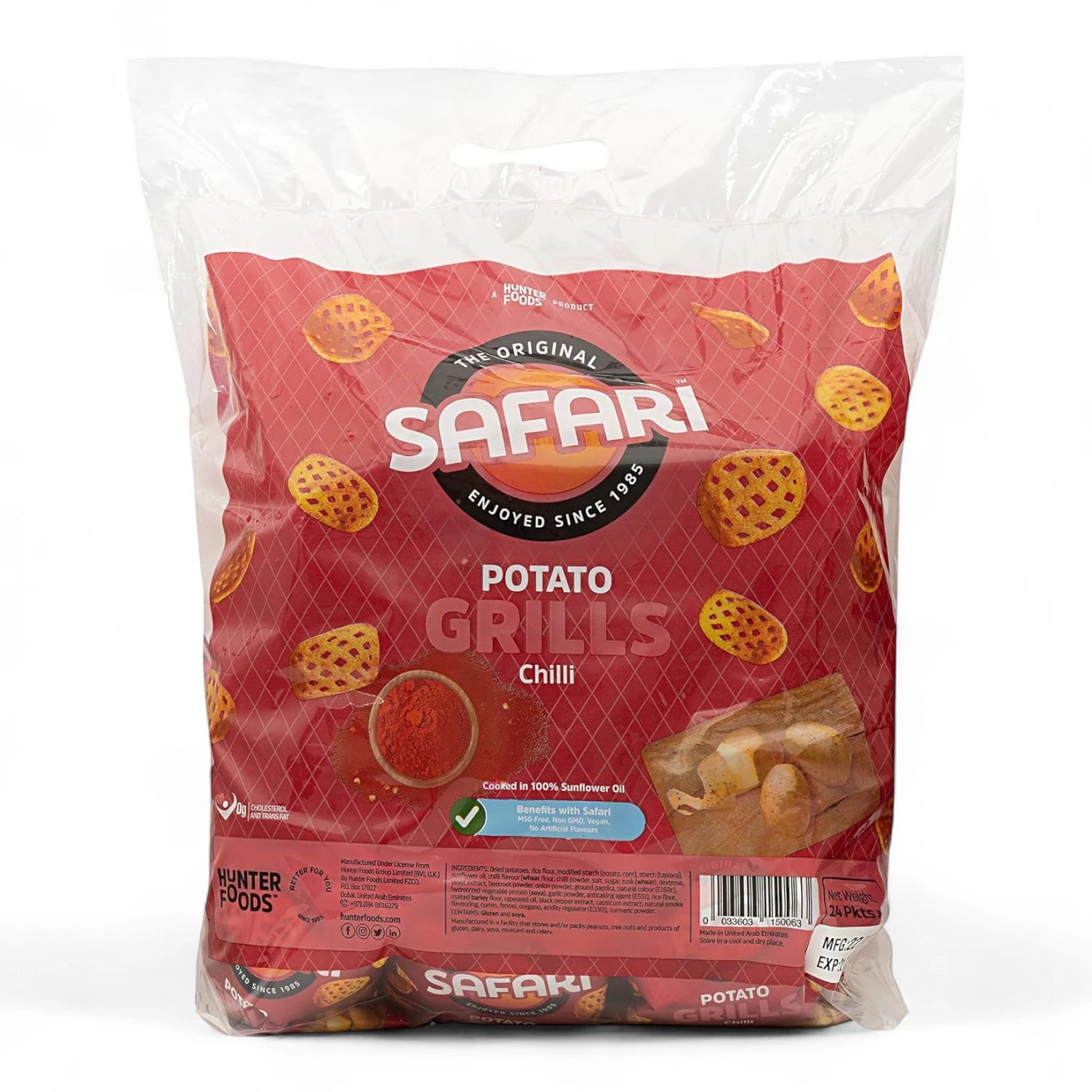 Safari Potato Grills – Chili Flavor, 24 × 15g Packs, Crunchy Vegetarian Snack Cooked in Sunflower Oil, MSG-Free & Non-GMO - Damoo
