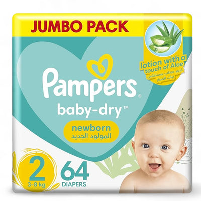 Pampers Baby-Dry Taped Diapers with Aloe Vera Lotion – Size 2 (3–8 kg), 64 Count Jumbo Box | Up to 12 Hours Dryness, 360° Fit, Wetness Indicator & Ultra Leakage Protection for Newborn Comfort - Damoo