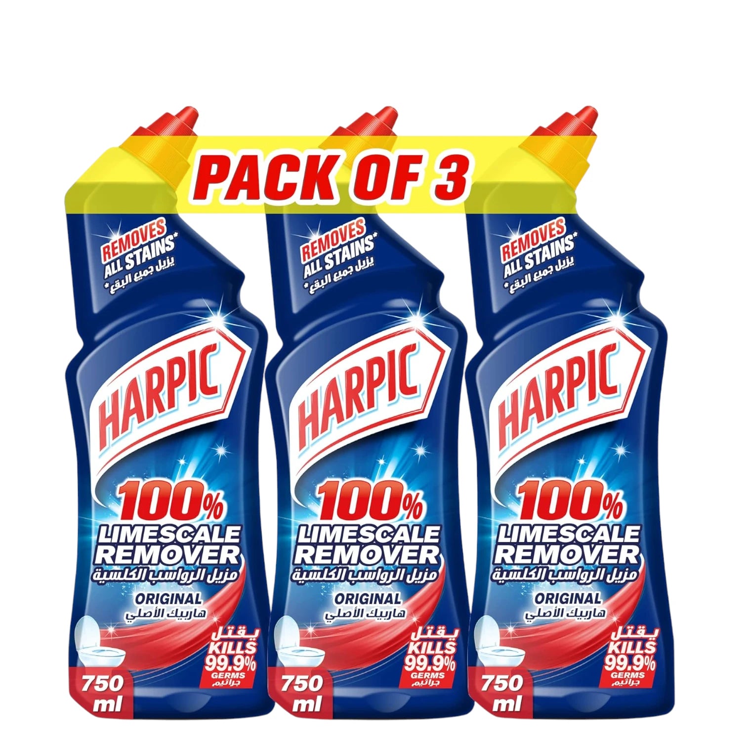 Harpic Toilet Cleaner 100% Limescale Remover – Original Scent, 750ml x 3 Bottles | Powerful Disinfectant, Kills 99.9% Germs, Removes Tough Stains
