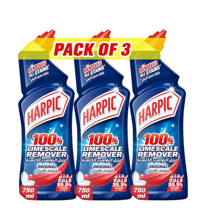 Harpic Toilet Cleaner 100% Limescale Remover – Original Scent, 750ml x 3 Bottles | Powerful Disinfectant, Kills 99.9% Germs, Removes Tough Stains