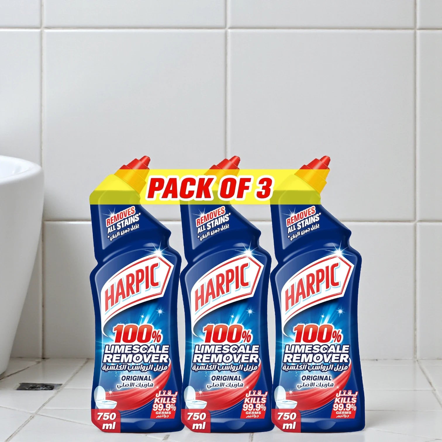 Harpic Toilet Cleaner 100% Limescale Remover – Original Scent, 750ml x 3 Bottles | Powerful Disinfectant, Kills 99.9% Germs, Removes Tough Stains