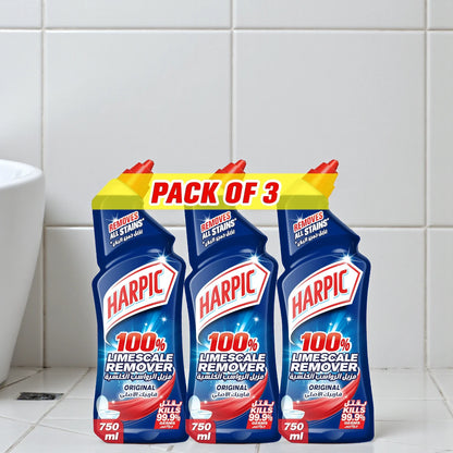 Harpic Toilet Cleaner 100% Limescale Remover – Original Scent, 750ml x 3 Bottles | Powerful Disinfectant, Kills 99.9% Germs, Removes Tough Stains