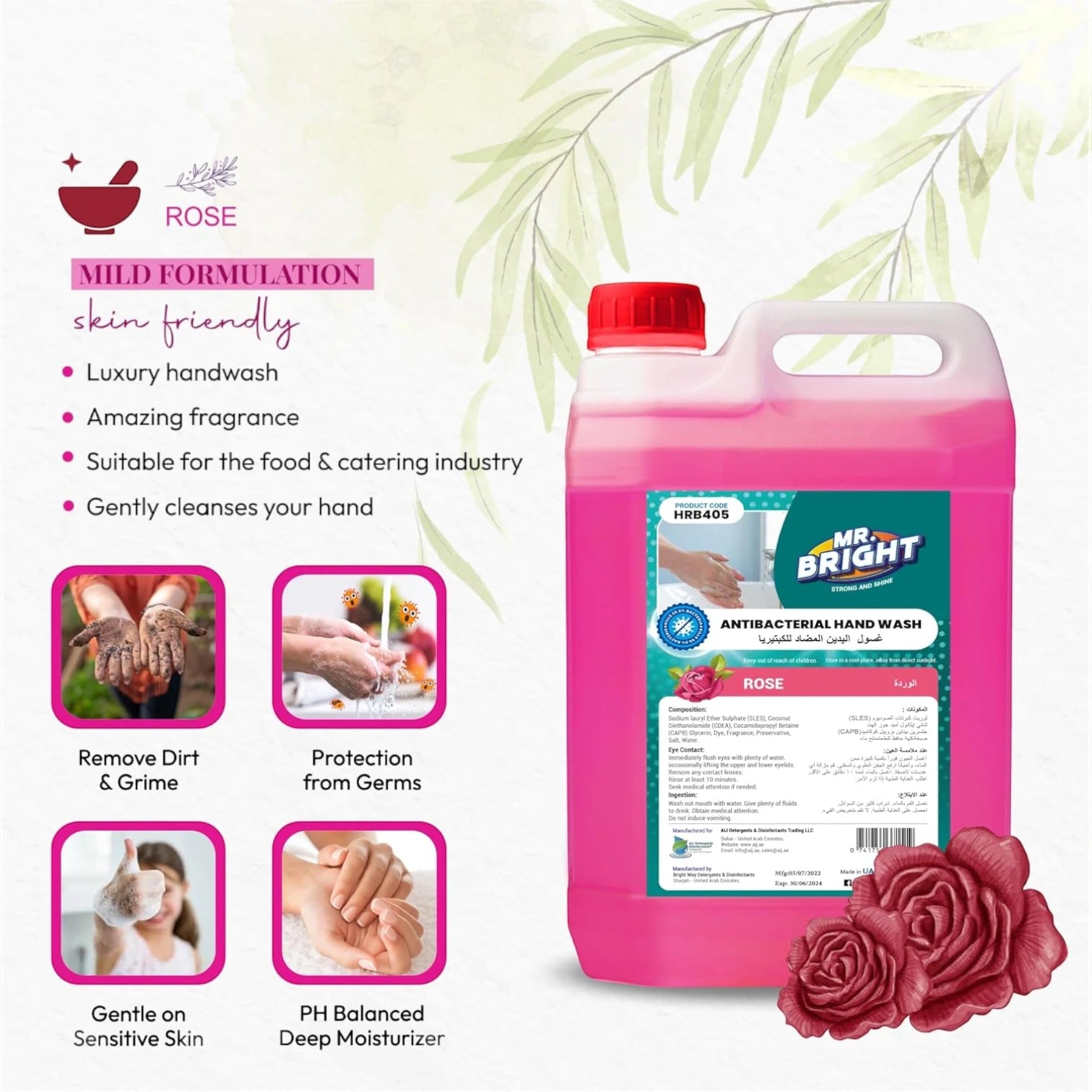 Mr. Bright Antibacterial Hand Wash Refill – Rose Scent – 5L – Skin-Softening, Moisturizing Liquid Soap That Kills 99.9% of Germs - Damoo