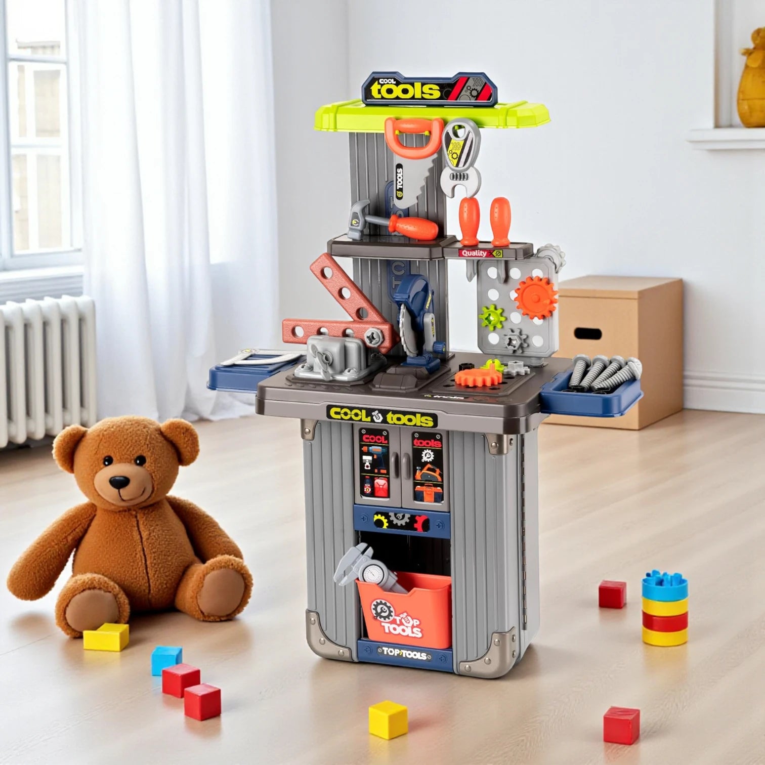 Xiong Cheng Cool Tools Real Action Play Set  | Kids 2-in-1 Tool Workbench & Portable Suitcase | Construction Toy with Gears & Accessories for Children 3+