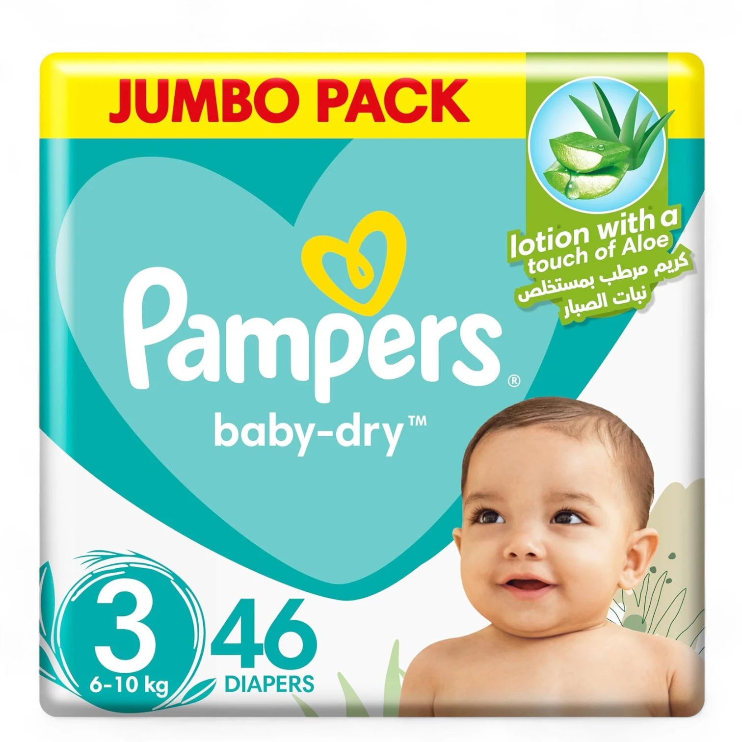 Pampers Baby-Dry Taped Diapers with Aloe Vera Lotion – Size 3 (6–10 kg), 46 Count | Up to 12 Hours Dryness & 100% Leakage Protection | Ultra Absorbent with Double Leak Guards & German Technology - Damoo