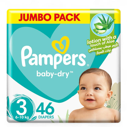 Pampers Baby-Dry Taped Diapers with Aloe Vera Lotion – Size 3 (6–10 kg), 46 Count | Up to 12 Hours Dryness & 100% Leakage Protection | Ultra Absorbent with Double Leak Guards & German Technology - Damoo