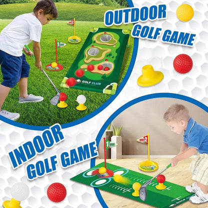 Kids Golf Play Set with Adjustable Clubs & Cornhole Board – Indoor & Outdoor Golf Toy with 9 Balls, Practice Holes & Mat | Sports Toss Game for Toddlers Ages 3–7