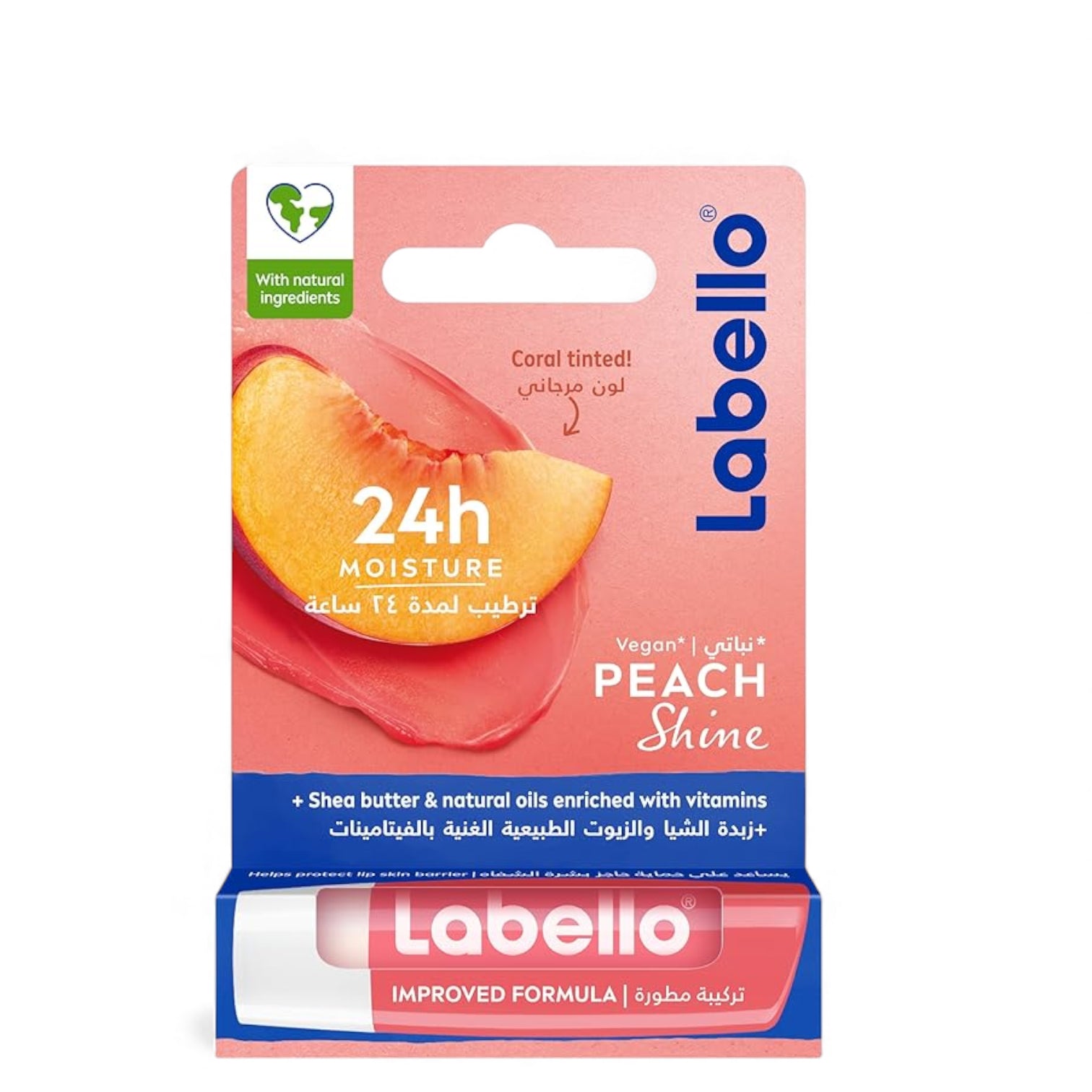 Labello Peach Shine Lip Balm – 24h Moisture, Vegan Formula, Coral-Tinted Hydration with Shea Butter & Natural Oils – Improved Formula for Smooth & Soft Lips - Damoo