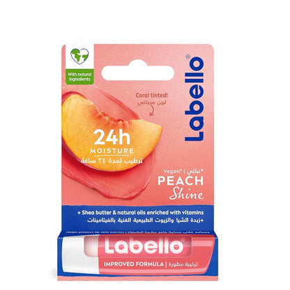 Labello Peach Shine Lip Balm – 24h Moisture, Vegan Formula, Coral-Tinted Hydration with Shea Butter & Natural Oils – Improved Formula for Smooth & Soft Lips - Damoo