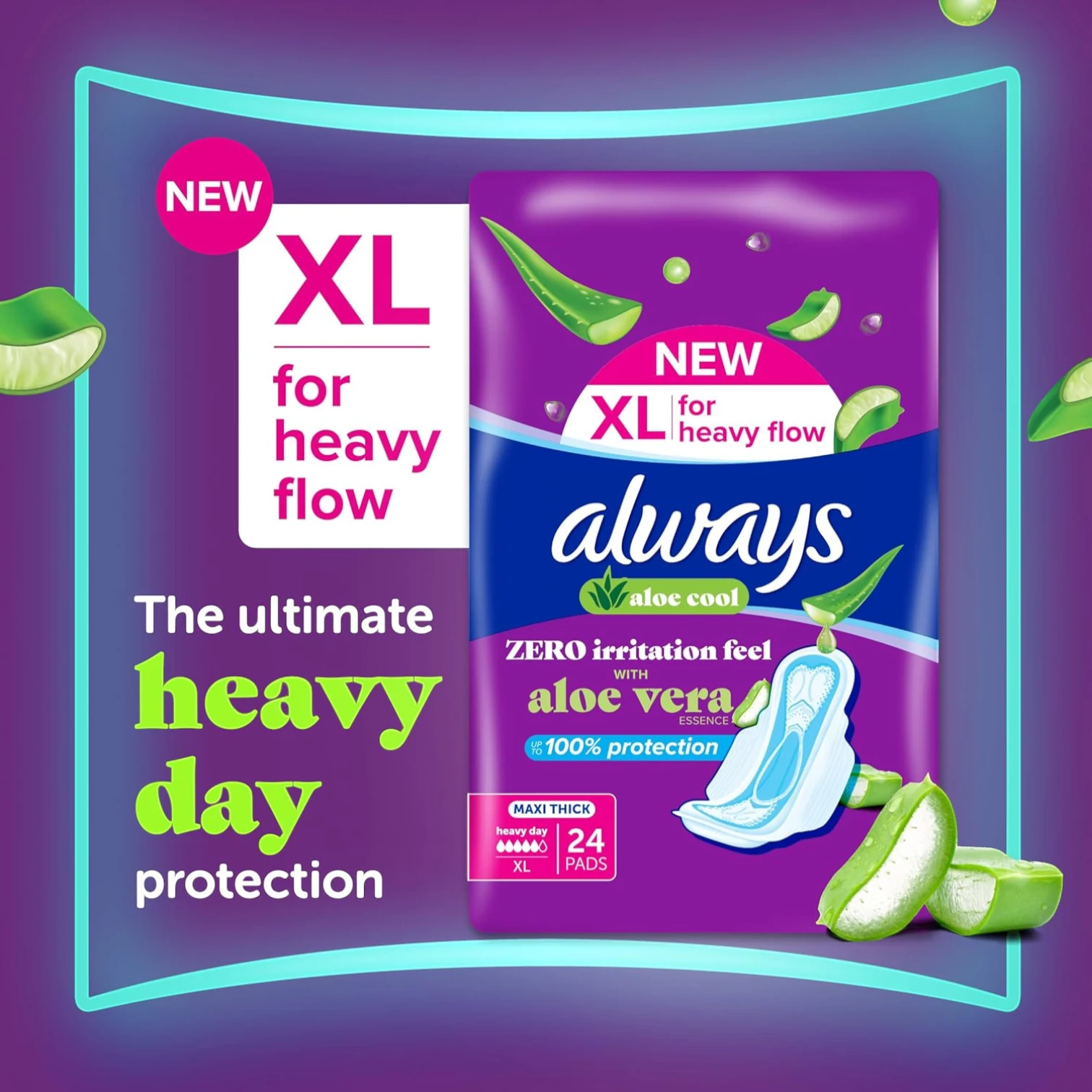 Always Aloe Cool Maxi Thick Sanitary Pads XL 24 Count – Heavy Flow Protection, Cooling Freshness & Extra Absorbency - Damoo