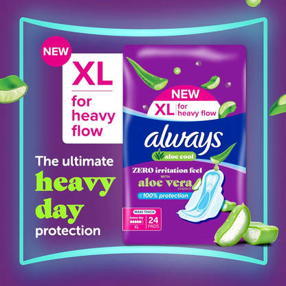 Always Aloe Cool Maxi Thick Sanitary Pads XL 24 Count – Heavy Flow Protection, Cooling Freshness & Extra Absorbency - Damoo