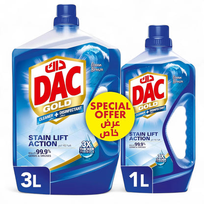 DAC Gold Disinfectant Multi-Purpose Cleaner Ocean Breeze – 3L + 1L Offer Pack, Kills 99.9% of Germs & Bacteria, Long-Lasting Cleanliness and Fresh Freshness - Damoo