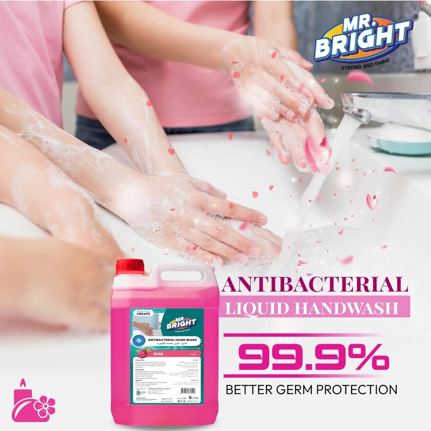 Mr. Bright Antibacterial Hand Wash Refill – Rose Scent – 5L – Skin-Softening, Moisturizing Liquid Soap That Kills 99.9% of Germs - Damoo