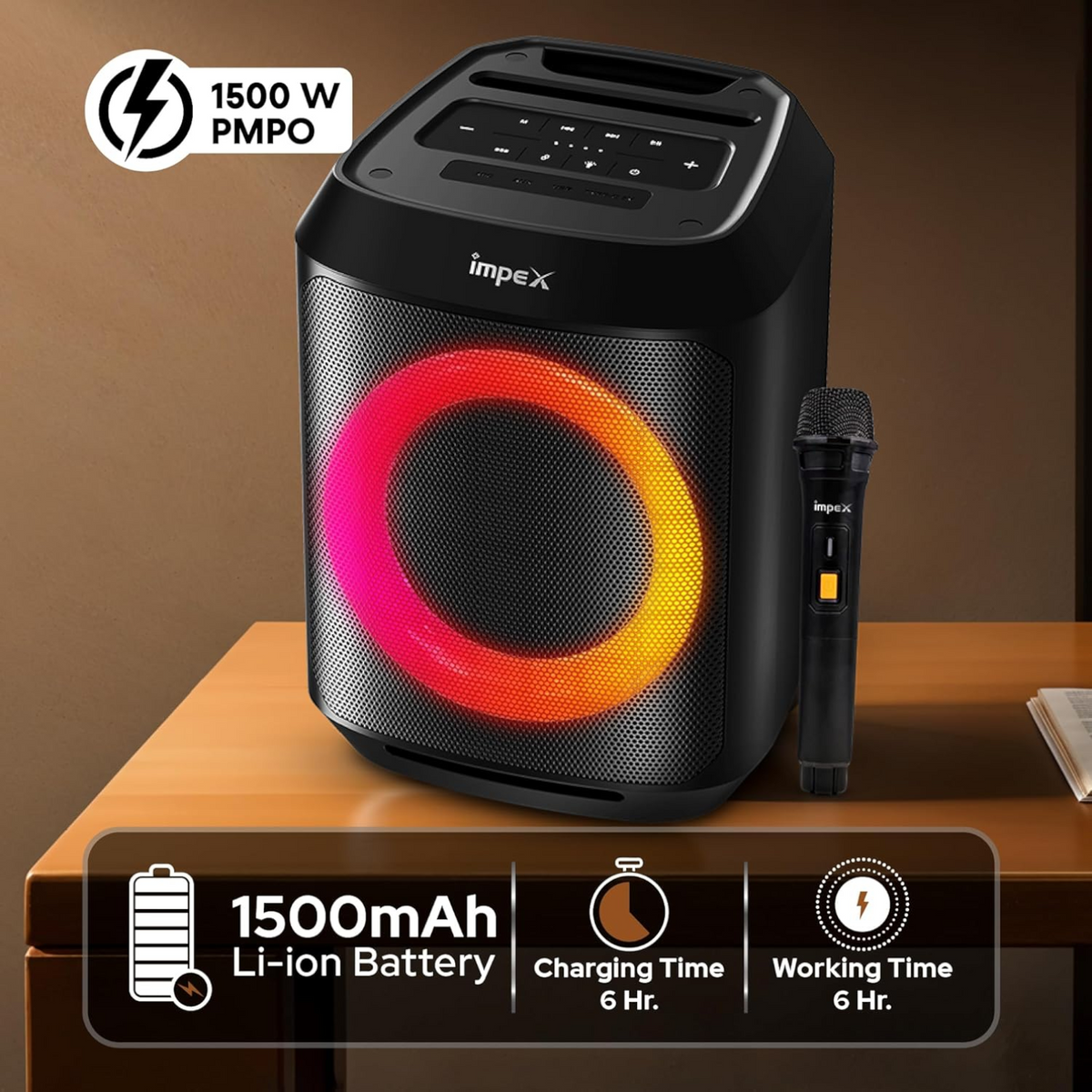 Impex TS 1109 Multimedia Portable Speaker with Wireless Mic | Powerful Bass, Bluetooth Connectivity, RGB LED Lights & Rechargeable Battery | Karaoke, Party & Outdoor Sound System