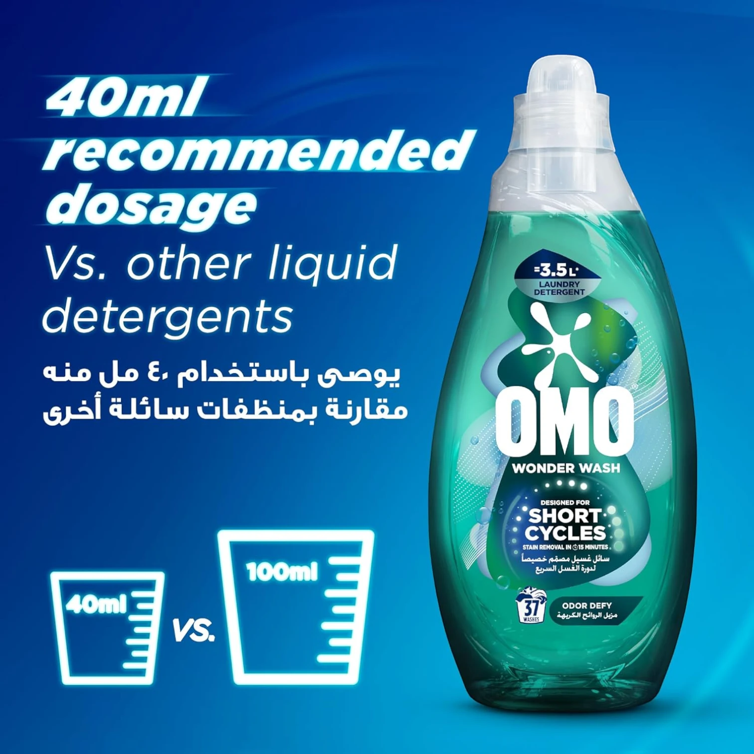 OMO Wonder Wash Liquid Laundry Detergent Odor Defy 1480ml x2 Pack – Fast Stain Removal in 15 Minutes, Designed for Short Cycles, Long-Lasting Freshness - Damoo