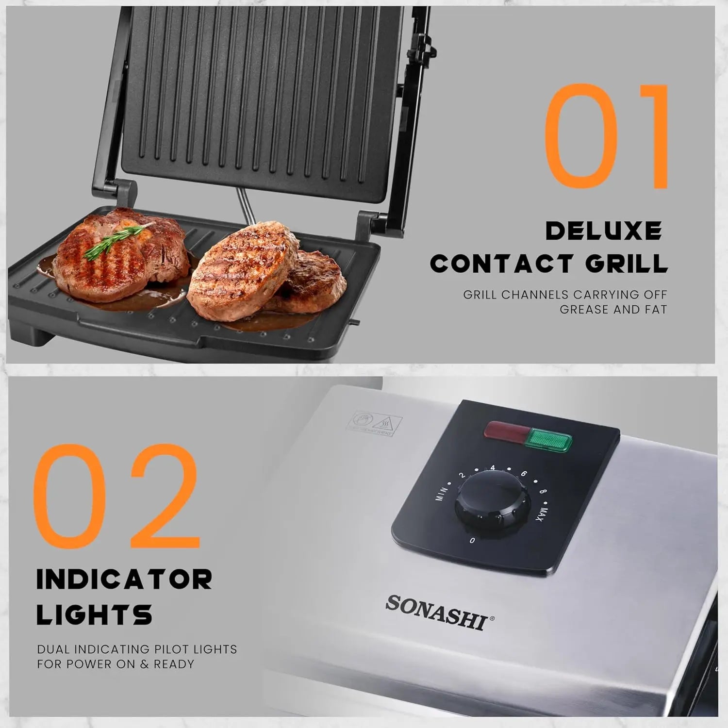 Sonashi 4 Slice Contact Grill Maker – 2000W Electric Grill with Adjustable Temperature, Non-Stick Plates, Drip Tray, Cool-Touch Handle & Stainless Steel Top Cover – Ideal for Sandwiches, Paninis, Meats & More SGT-854 - Damoo