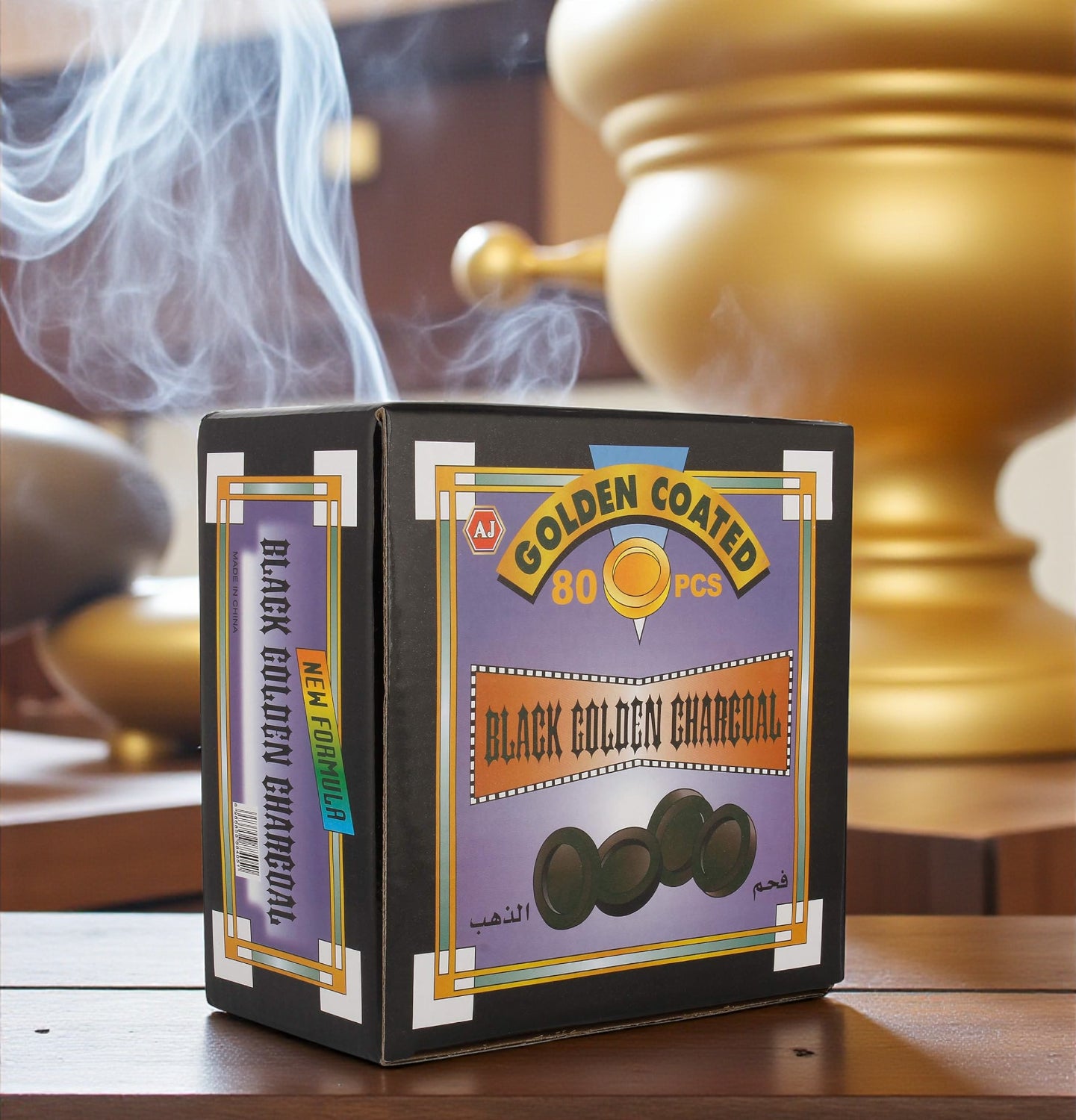 Al Saes Black Golden Coated Charcoal – Premium Long-Lasting Shisha & Bakhoor Coal – 80 Round Tablets