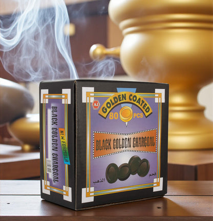 Al Saes Black Golden Coated Charcoal – Premium Long-Lasting Shisha & Bakhoor Coal – 80 Round Tablets