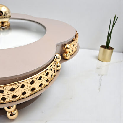 Elegant Ceramic Serving Bowl with Golden Metal Stand and Glass Lid – Luxury Flower-Shaped Dish for Sweets, Snacks & Dry Fruits | Al Habbai Collection - Damoo