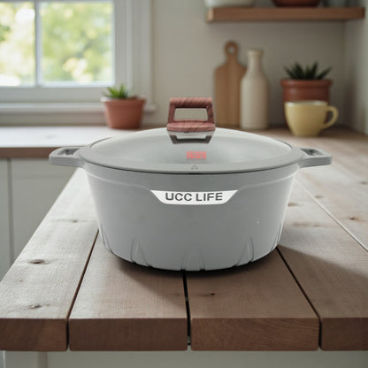 مجموعة أواني طهي جرانيت غير لاصقة من يو سي سي لايف، مكونة من ١٠ قطع - أواني طهي من الألومنيوم المطروق بأغطية زجاجية (٢٠ سم، ٢٤ سم، ٢٨ سم، ٣٢ سم، ومقلاة عميقة ٢٨ سم) 