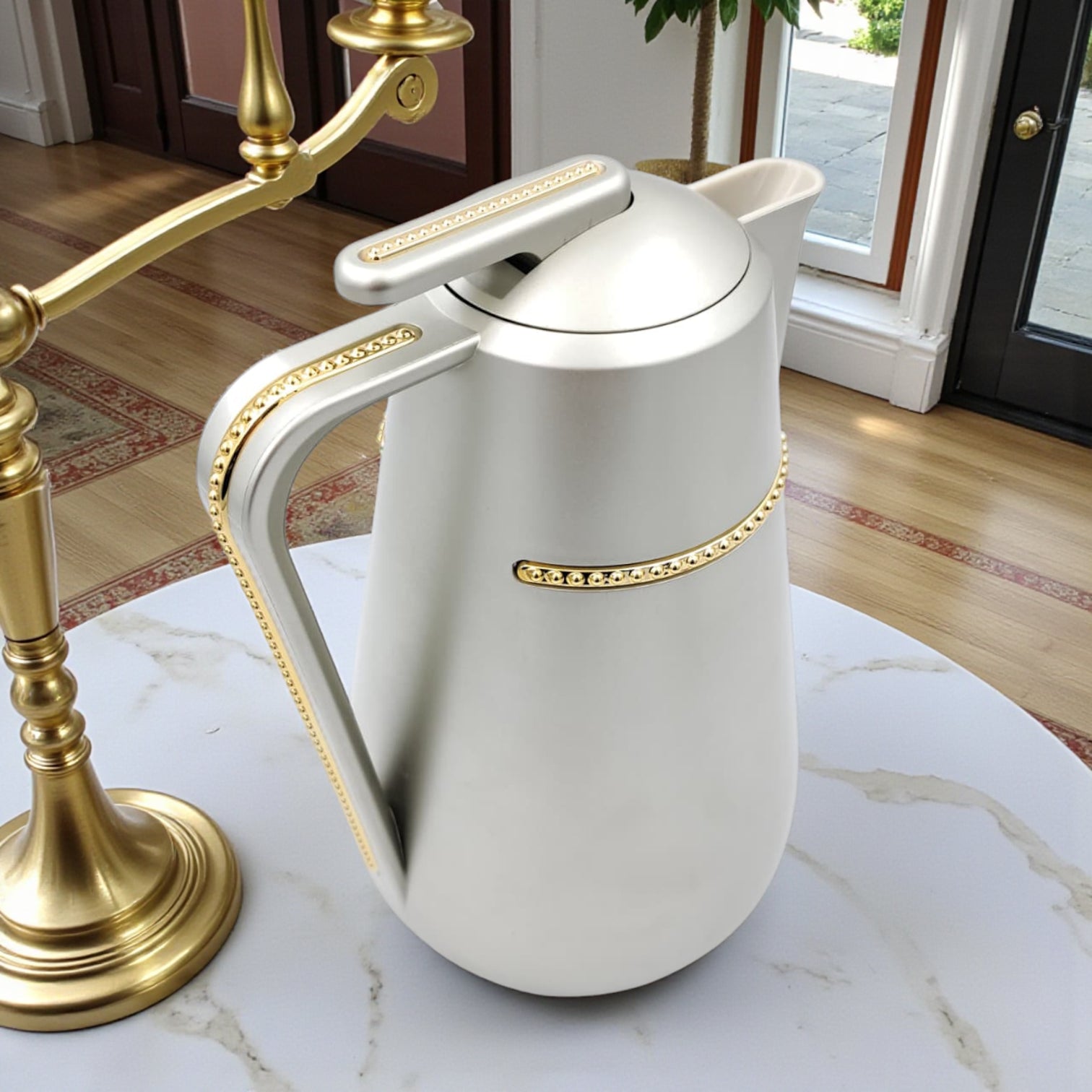 Parati Premium Double-Wall Insulated Tea & Coffee Flask – Rose Gold Vacuum Thermos Jug with Golden Handle Trim | Long-Lasting Heat Preservation | Leak-Proof Lid – 1L