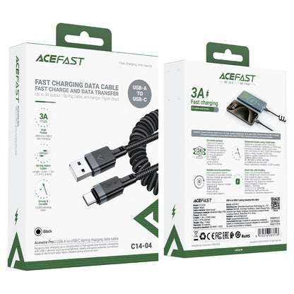 ACEFAST Acewire Pro C14-04 USB-A to USB-C Cable – Black | Up to 3A Fast Charging | USB 2.0 Data Transfer | Spring Nylon Anti-Tangle Design