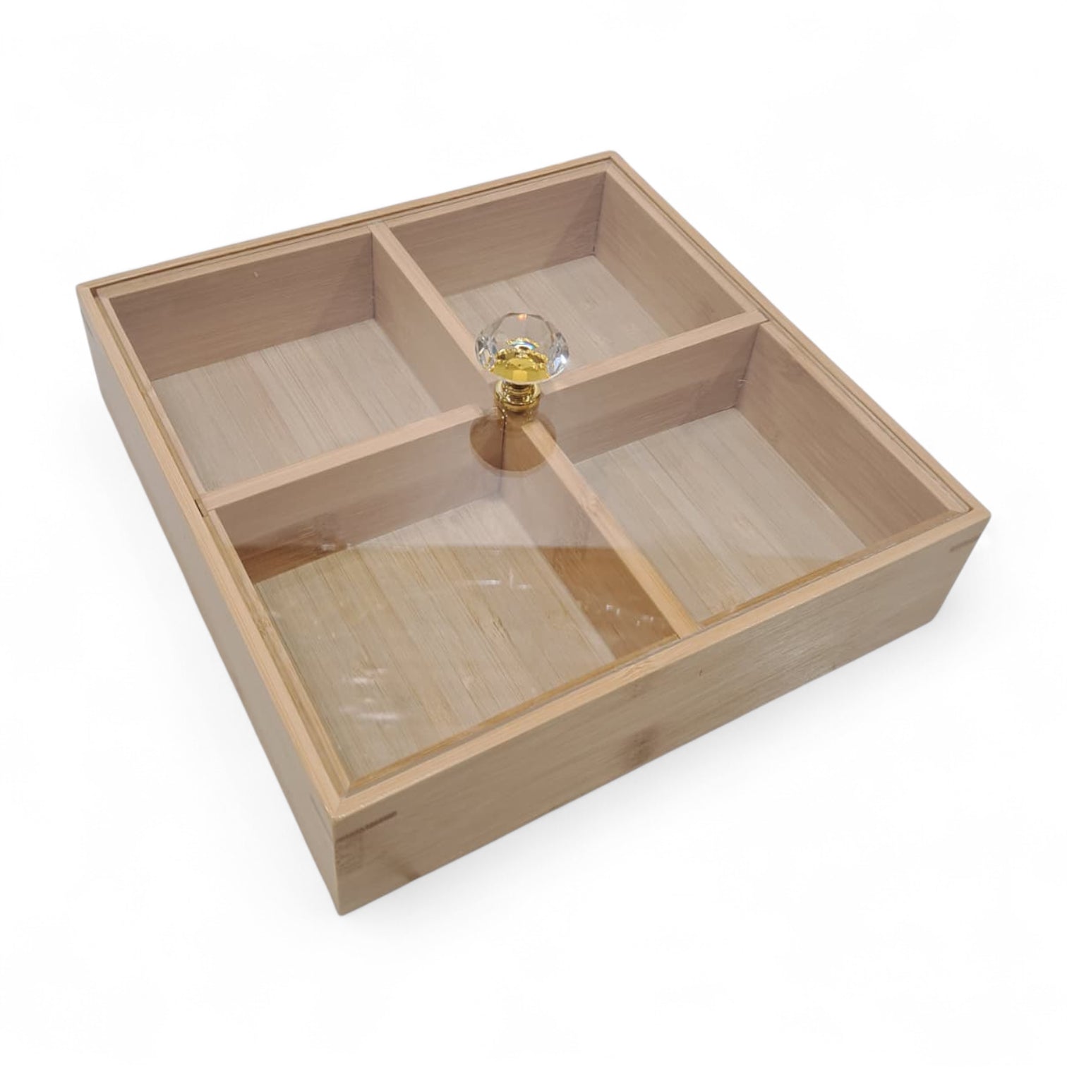 Luxury Wooden Snack Serving Box with Crystal Handle Lid – 4-Compartment Dried Fruit, Nut & Candy Organizer Tray for Home & Parties - Damoo