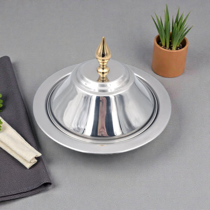 Praylady Marina Stainless Steel Serving Bowl With Gold Knob Lid – Luxury Date & Sweets Dish for Arabic Hospitality (20H x 24L × 24W CM) - Damoo