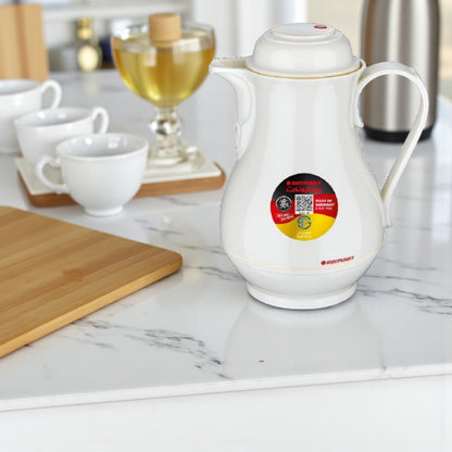 Rotpunkt 1.0L Insulated Jug – Off-White (Ivory) BPA-Free Plastic Thermal Flask with 20H Heat Retention, Two-Function Safety Lock, Ergonomic Handle & Easy-Pour Spout – German-Made Quality - Damoo