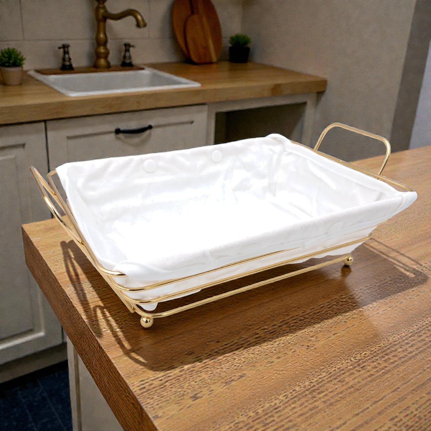 Gold Metal Bread Basket with Fabric Liner – Rectangular Modern Serving Basket (10H x 30L × 19.5W CM) - Damoo