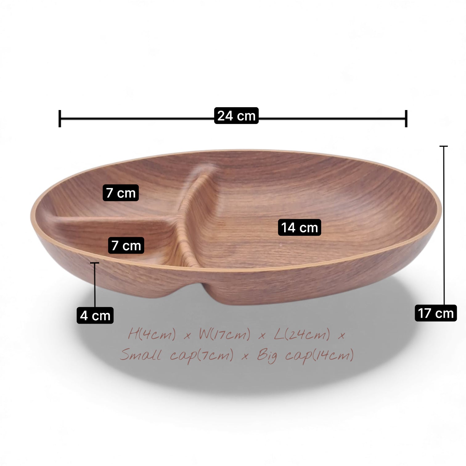 Evelin Tokyo Oval Snack Dish – 3-Compartment Faux Wood Serving Plate | Durable Food-Safe Polystyrene | 17 × 4 × 24 cm