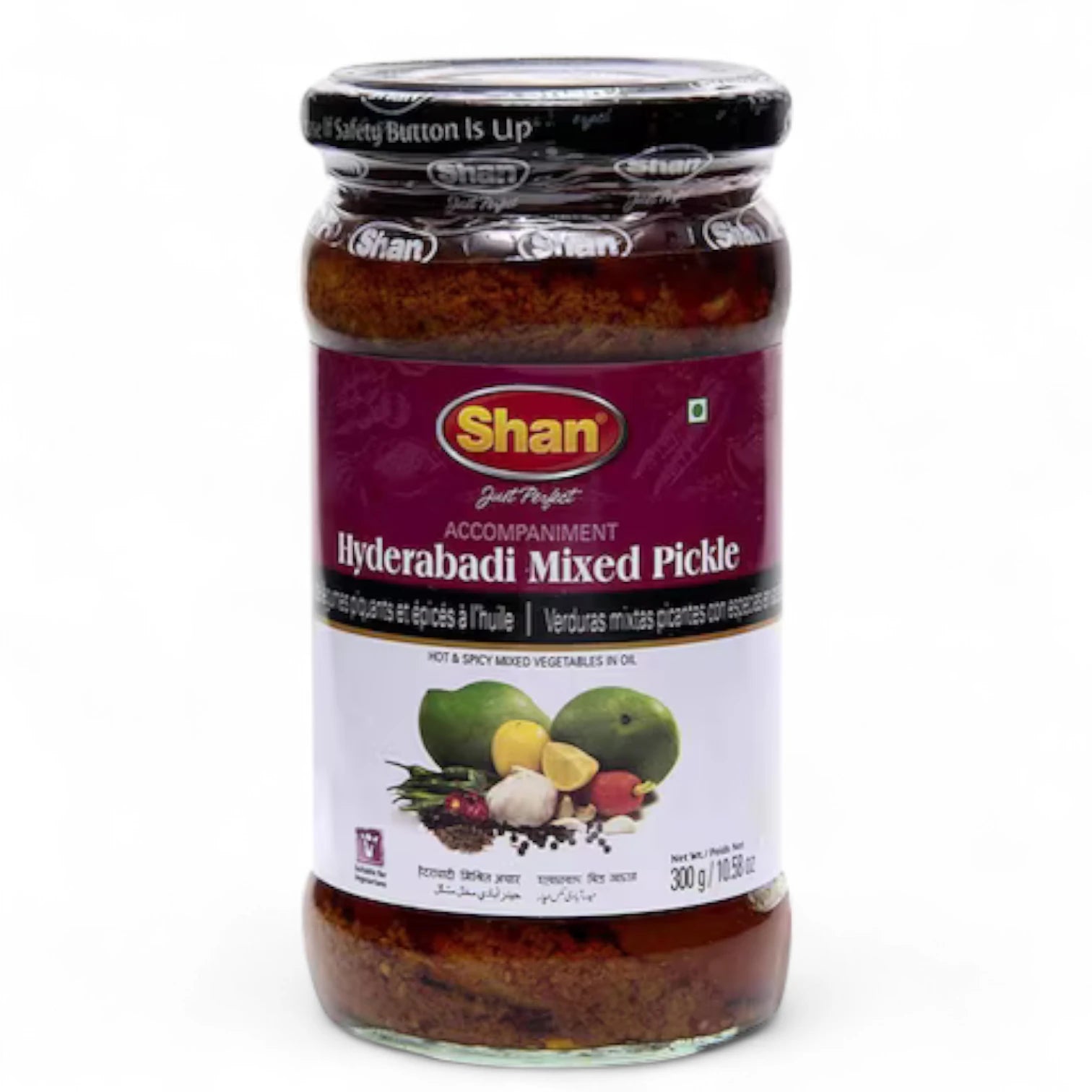 Shan Haider Abadi Mixed Pickle 300g – Traditional Hot & Spicy Mixed Vegetable Achar in Sunflower Oil | Authentic Indian Pickle with Mango, Carrot, Lemon & Garlic | Halal, Vegetarian-Friendly, Bold Flavor | Glass Jar Pack - Damoo